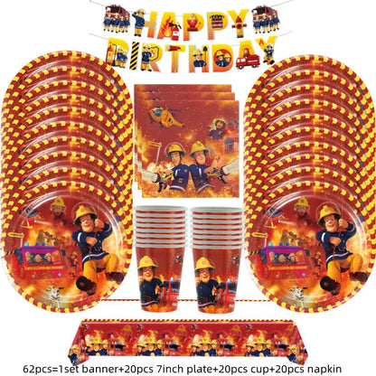 Firefighter Sam Party Supplies Plates Napkins Cups Tablecloth Banner Fire Truck Party Decorations Kids Boys Decor Supplies