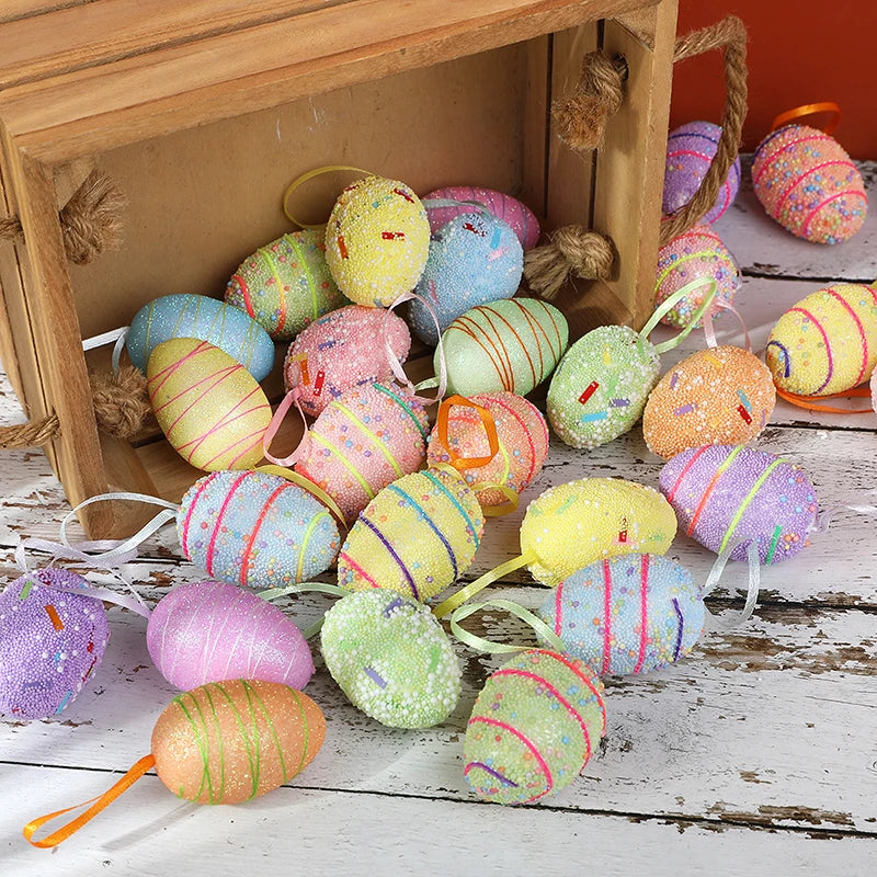 24/6pcs Painted Foam Easter Eggs Rabbit Hanging Ornaments Decoration for Home Easter Tree Pendants Basket Decor Kids Gift 2025