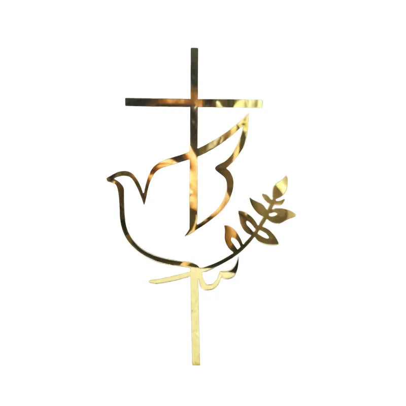 Gold Peace Dove Cross Cake Toppers Holy Communion Baptist Party Decorative Cake Insert for The First Communion Party Supplies