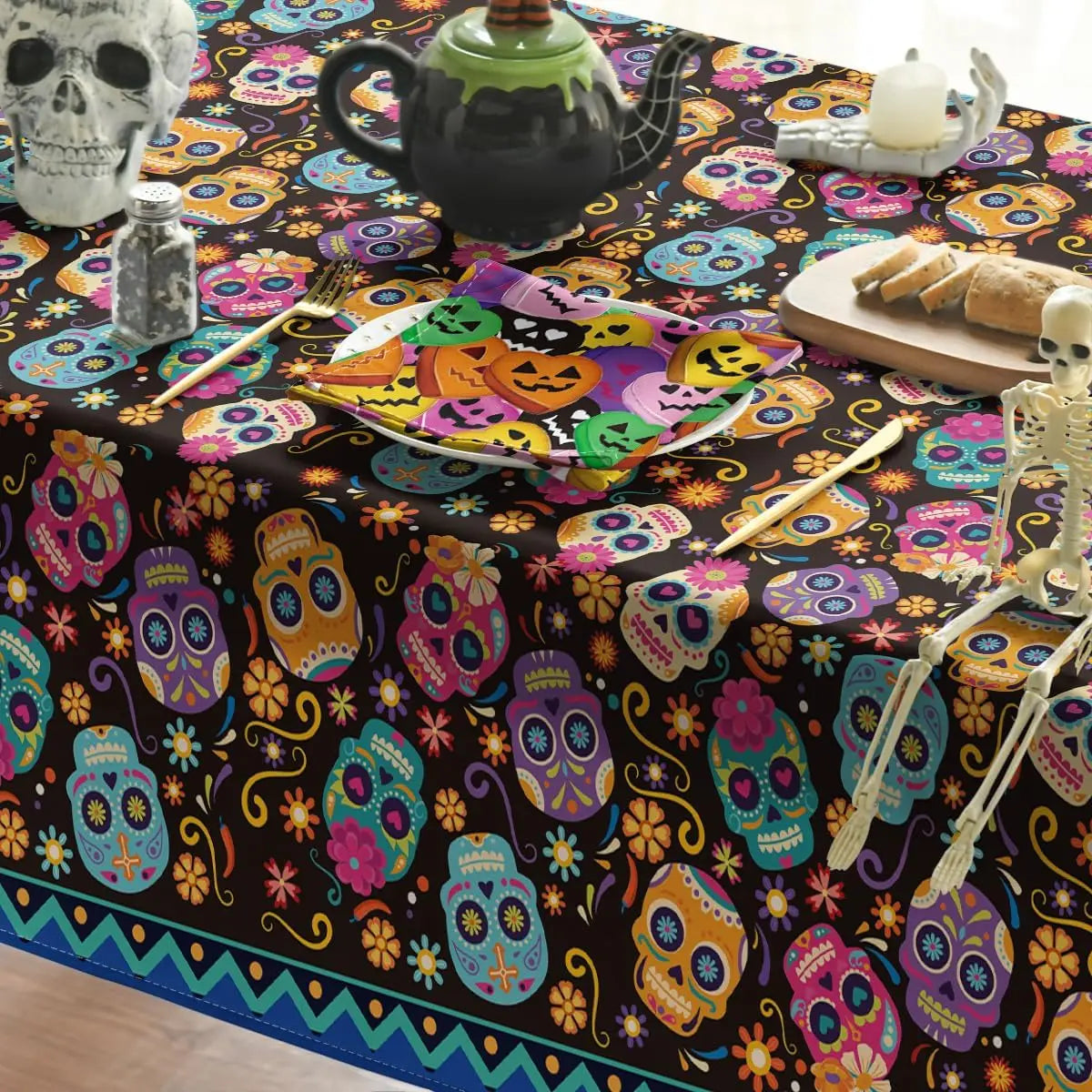 Halloween Mexico Day of The Dead Sugar Skull Flower Fabric Tablecloth Table Decor Waterproof Tablecloth for Table Party Supplies