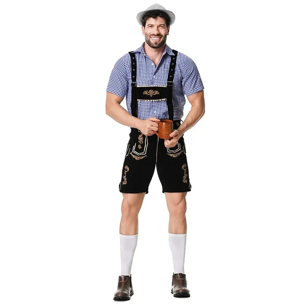 Bavarian Octoberfest German Beer Costume Male Oktoberfest Lederhosen Costume Beer Shirt Suspender Shorts Hat Cosplay Costumes