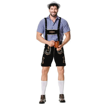 Bavarian Octoberfest German Beer Costume Male Oktoberfest Lederhosen Costume Beer Shirt Suspender Shorts Hat Cosplay Costumes