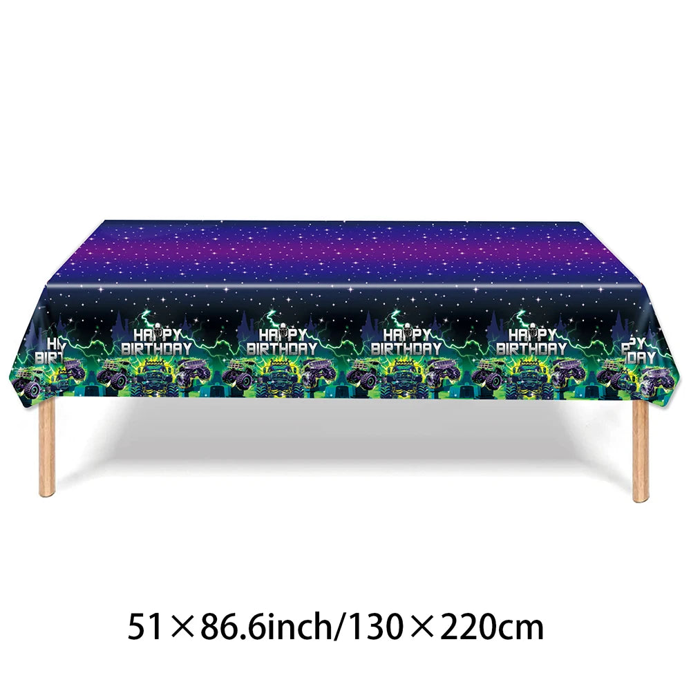 Monster Truck Birthday Party Paper Plates Cup Napkin Tablecloth Balloon Hanging Swirls Banner Monster Truck Birthday Party Decor