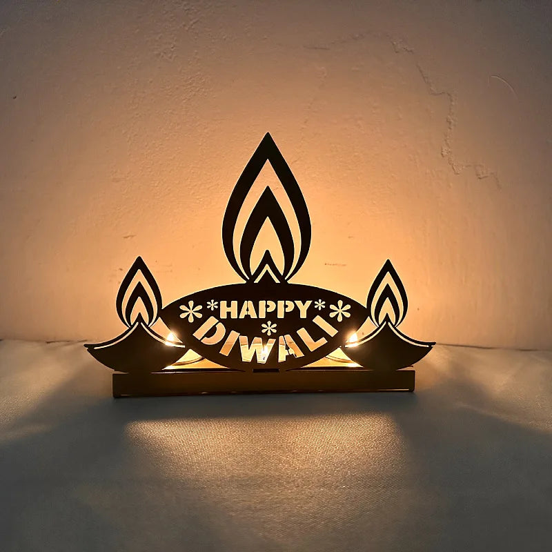 1pc Happy Diwali Candlestick Gold Iron Candle Holder for Diwali Festival Party Home Table Decoration