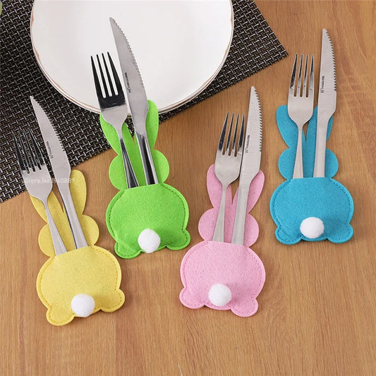 4Pcs Non-Woven Fabric Spoon Fork Bunny Cover Bag with Tail Easter Rabbit Felt Cutlery Holder Bag 2024 Party Tableware Decoration