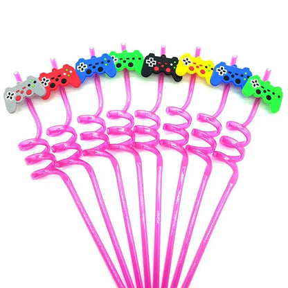 8pcs 26cm Reusable Game Controller Plastic Helical   Straws Gamepad Toys Straw Game Console Theme Kids Birthday Party Decor