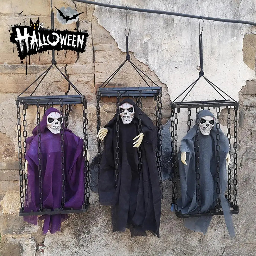 Halloween Outdoor Decoration Ghosts Skeleton Animated Ornament with Lighted Eyes Creepy Laughter Halloween Hanging Prisoner Cage