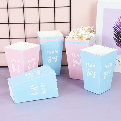6pcs Gender Reveal Boy or Girl Popcorn Box Team Boy Girl Candy Treat Box Baby Shower Birthday Party Decor Packaging Supplies