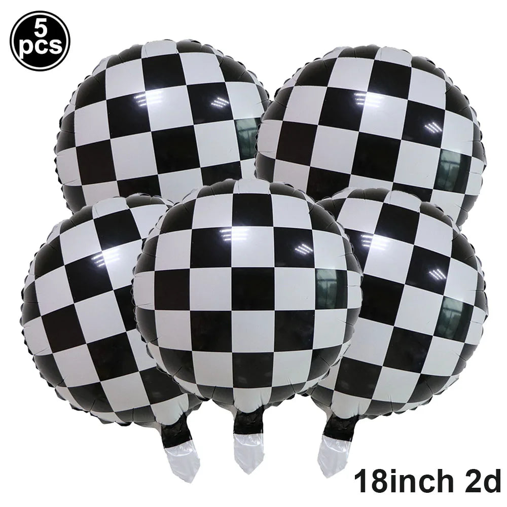 Car Race Balloons Traffic Cones Black White Checkered Flags Racing Wheel tire Foil Balloon Kids Car Birthday Party Decorations