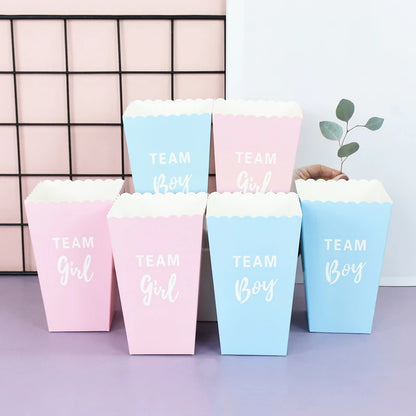 6pcs Gender Reveal Boy or Girl Popcorn Box Team Boy Girl Candy Treat Box Baby Shower Birthday Party Decor Packaging Supplies