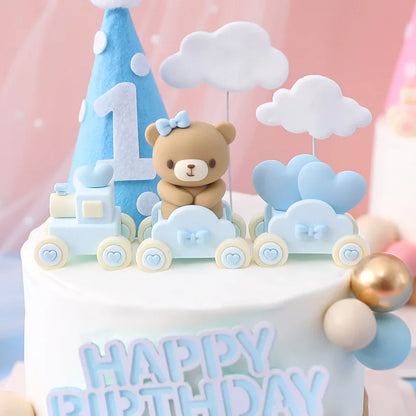 New 3D Pink Blue Bear Cake Topper Cute Mini Bear Doll Cake Decoration Boy Girl Birthday Party Gender Reveal Baby Shower Supplies