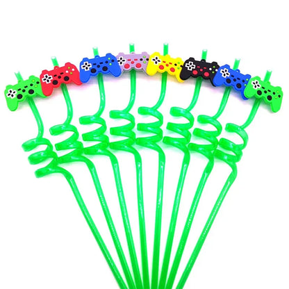 8pcs 26cm Reusable Game Controller Plastic Helical   Straws Gamepad Toys Straw Game Console Theme Kids Birthday Party Decor