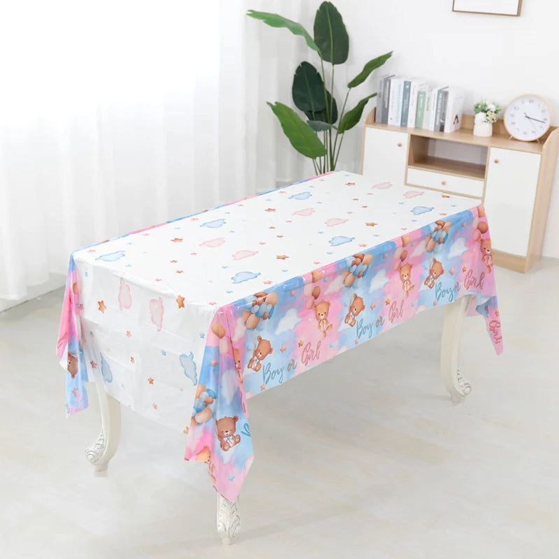 Gender Reveal Party Tablecloth Boy or Girl Baby Shower Decor Newborn Table Cover He Or She Gender Reveal Party Supplies