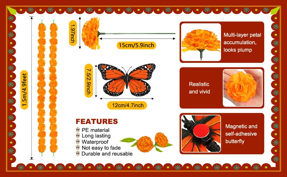 14~380pcs Day of the Dead Marigold Flower Garland Decorations Dia De Los Muertos ofrenda Altar with Monarch Butterfly Mexican