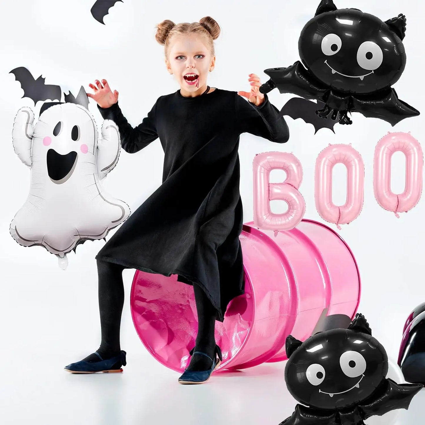 Halloween Ghost Balloons Set Pink BOO Ghost Bat Foil Balloon for Halloween Themed Party Decoration Supplies