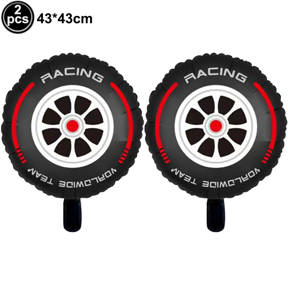 Car Race Balloons Traffic Cones Black White Checkered Flags Racing Wheel tire Foil Balloon Kids Car Birthday Party Decorations
