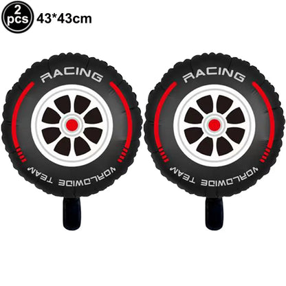Car Race Balloons Traffic Cones Black White Checkered Flags Racing Wheel tire Foil Balloon Kids Car Birthday Party Decorations