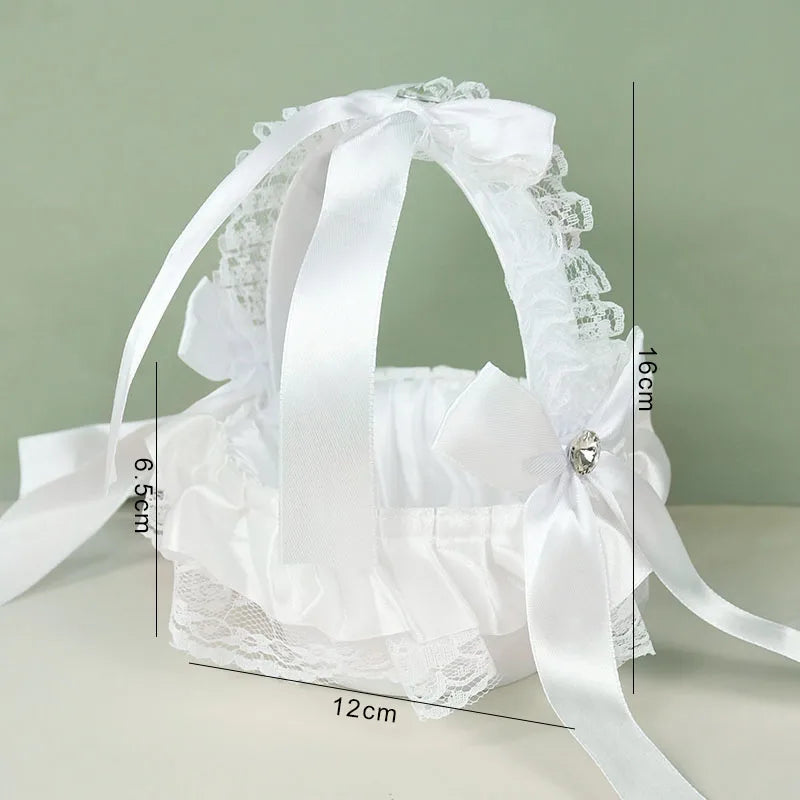 20 cm White Flower Girls Basket Silk Wedding Basket for Flower Bride/Kids Hand Held Wedding Ceremony Party Decorations