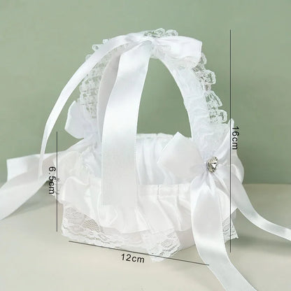 20 cm White Flower Girls Basket Silk Wedding Basket for Flower Bride/Kids Hand Held Wedding Ceremony Party Decorations