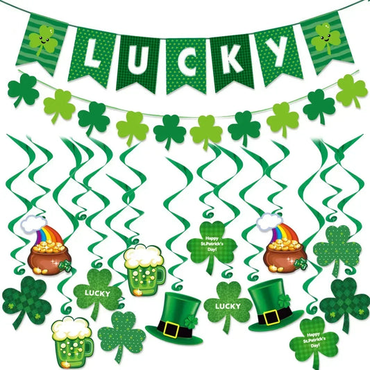 St Patrick's Day Sham-rock LUCKY Banners Garlands Clover Hanging Swirls Photo Props for Home Irish Saint Patrick Party Decor