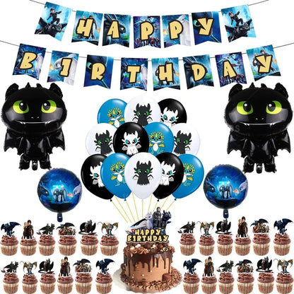 1set How Train Dragon Balloons No Teeth Toothlessing Green Eye Black Loong Party Decoration Happy Birthday Banner Cake Topper