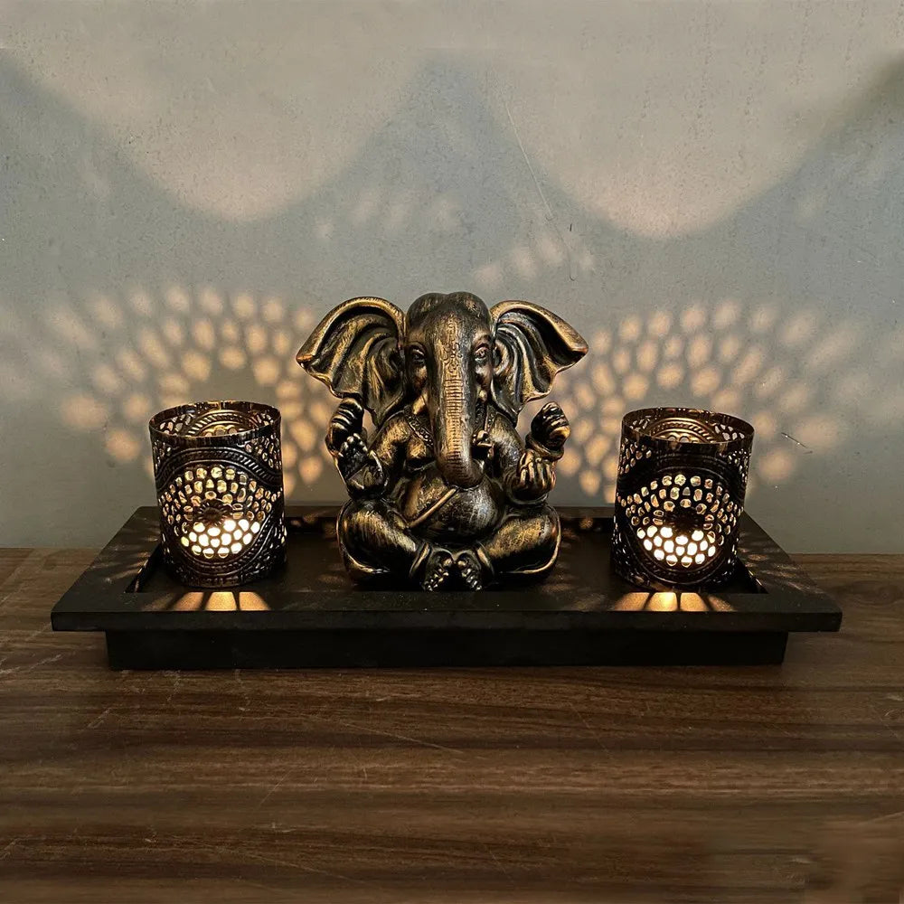 1 South Asian Indian resin retro gold elephant head divine wealth candle holder set for Diwali Candlestick ornament decoration