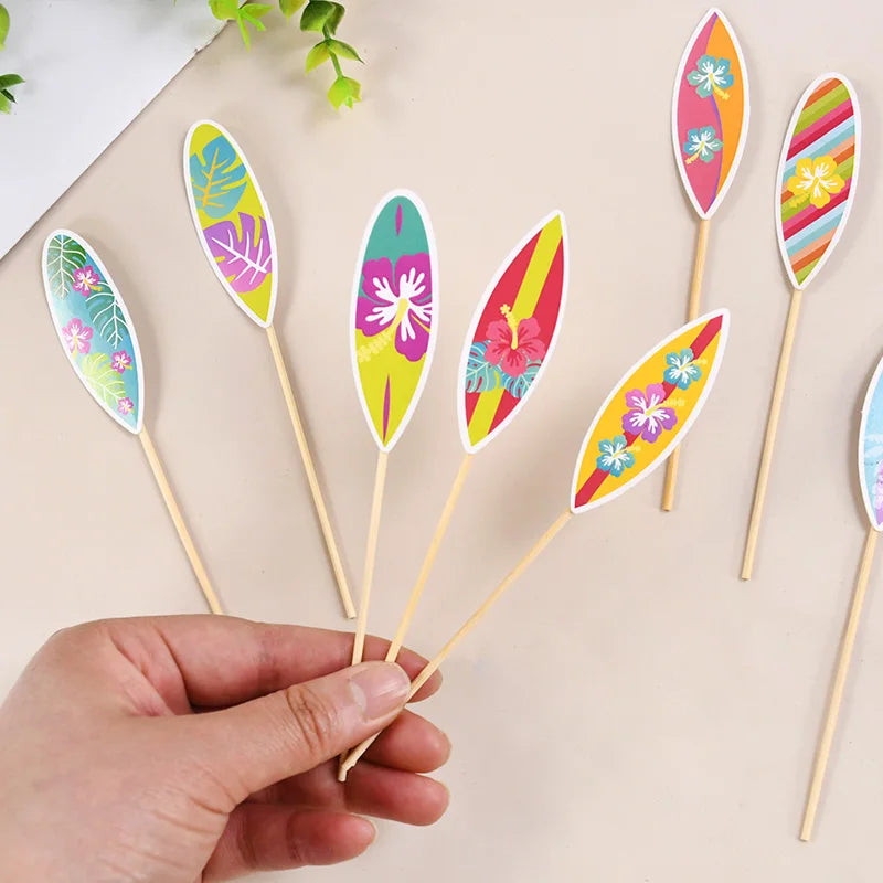 8/16Pcs Hawaiian Surfboard Cupcake Topper for Tropical Summer Luau Birthday Party Cake Decoration Beach Pool Wedding Supplies