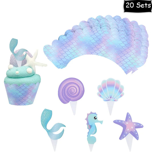 20set Mermaid Cupcake Toppers Wrappers Girls Happy Birthday Party Cake Toppers Baby Shower Under The Sea Mermaid Decoration
