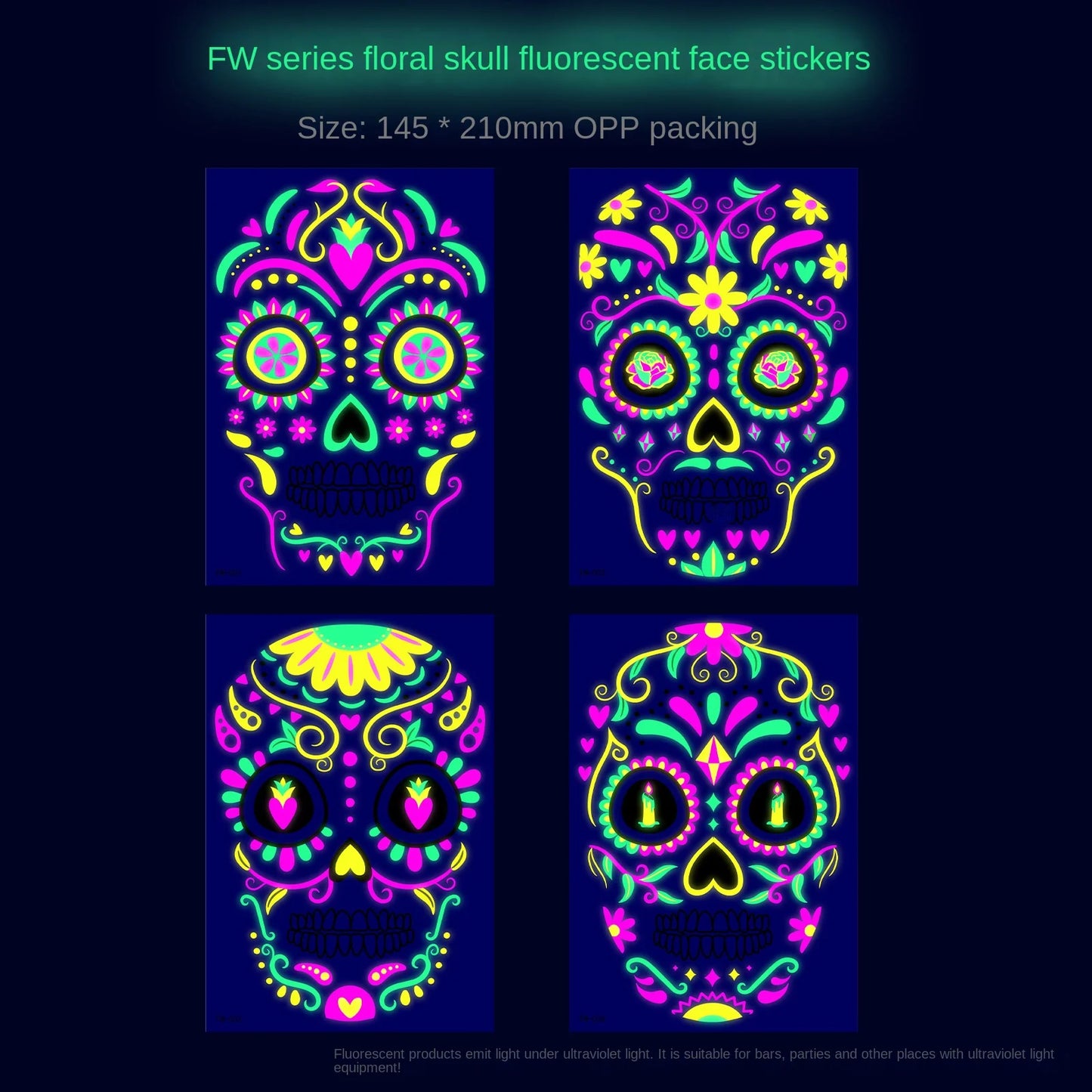 1/4/8PCS Waterproof Fluorescent Temporary Tattoo Neon Halloween Stickers Day of the Dead Party Festival Night Bar Face Stickers