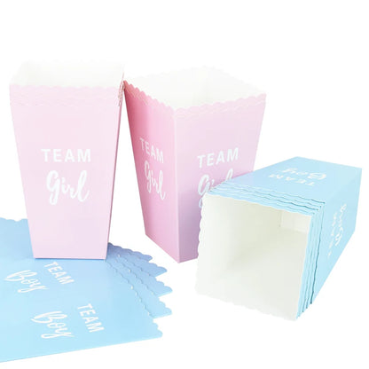 6pcs Gender Reveal Boy or Girl Popcorn Box Team Boy Girl Candy Treat Box Baby Shower Birthday Party Decor Packaging Supplies