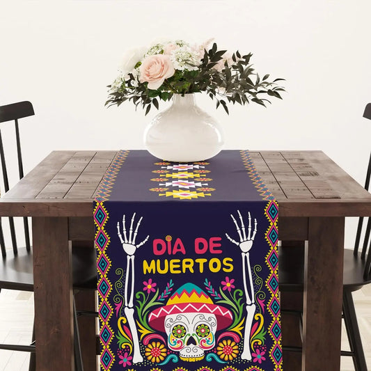 Mexican Day of The Dead Linen Table Runner Dia De Los Muertos Sugar Skull Table Runner Festival Party Kitchen Dining Table Decor