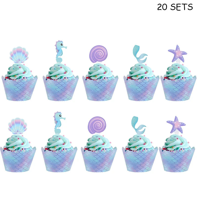 20set Mermaid Cupcake Toppers Wrappers Girls Happy Birthday Party Cake Toppers Baby Shower Under The Sea Mermaid Decoration