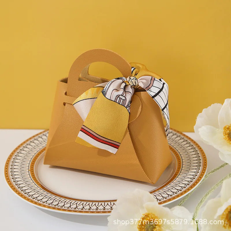 1PC Leather Gift Bags Bow Ribbon Packaging Bag Wedding Favour Distributions Bags Eid Mubarak Candy Packaging Box Mini Handbag