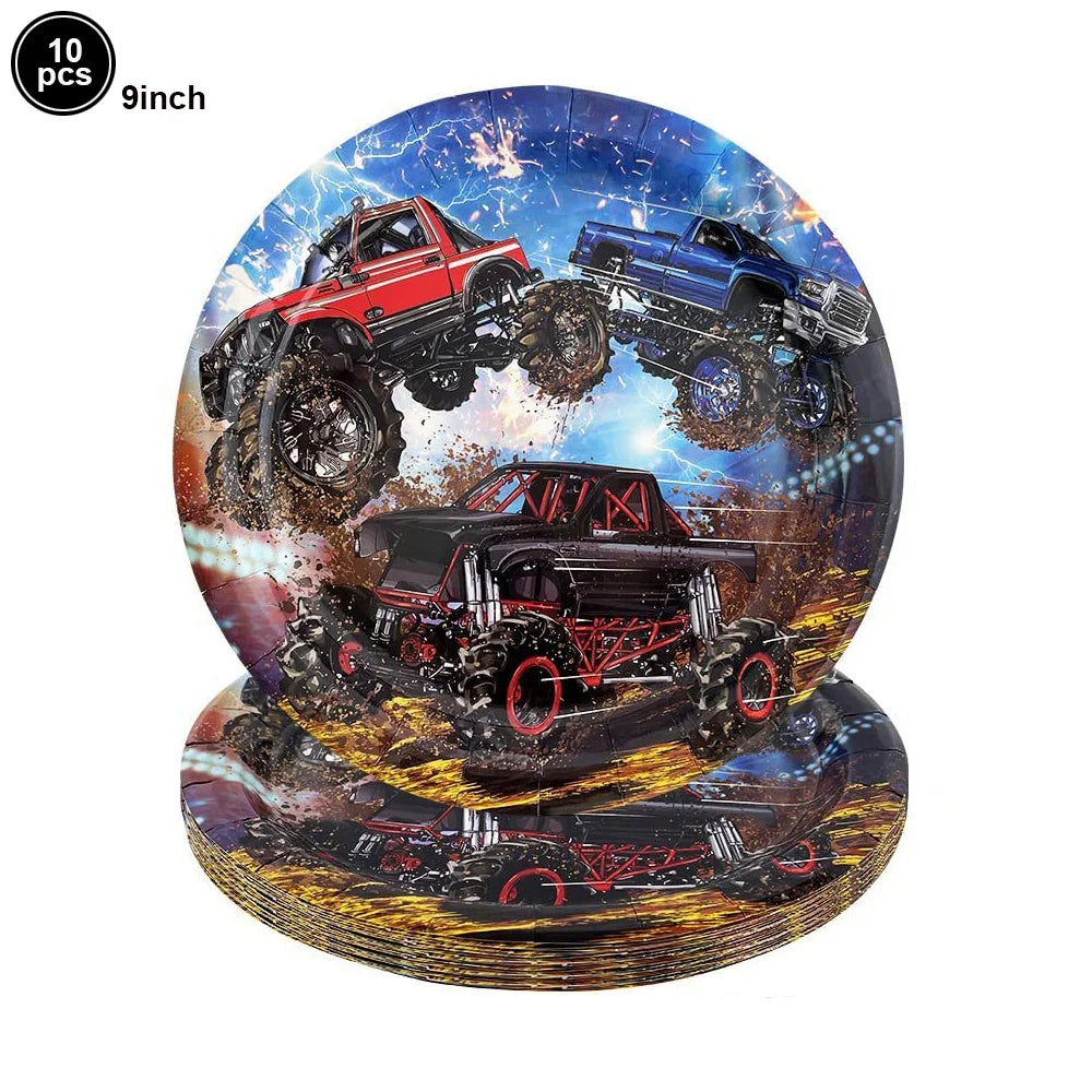 Monster Truck Birthday Party Paper Plates Cup Napkin Tablecloth Balloon Hanging Swirls Banner Monster Truck Birthday Party Decor