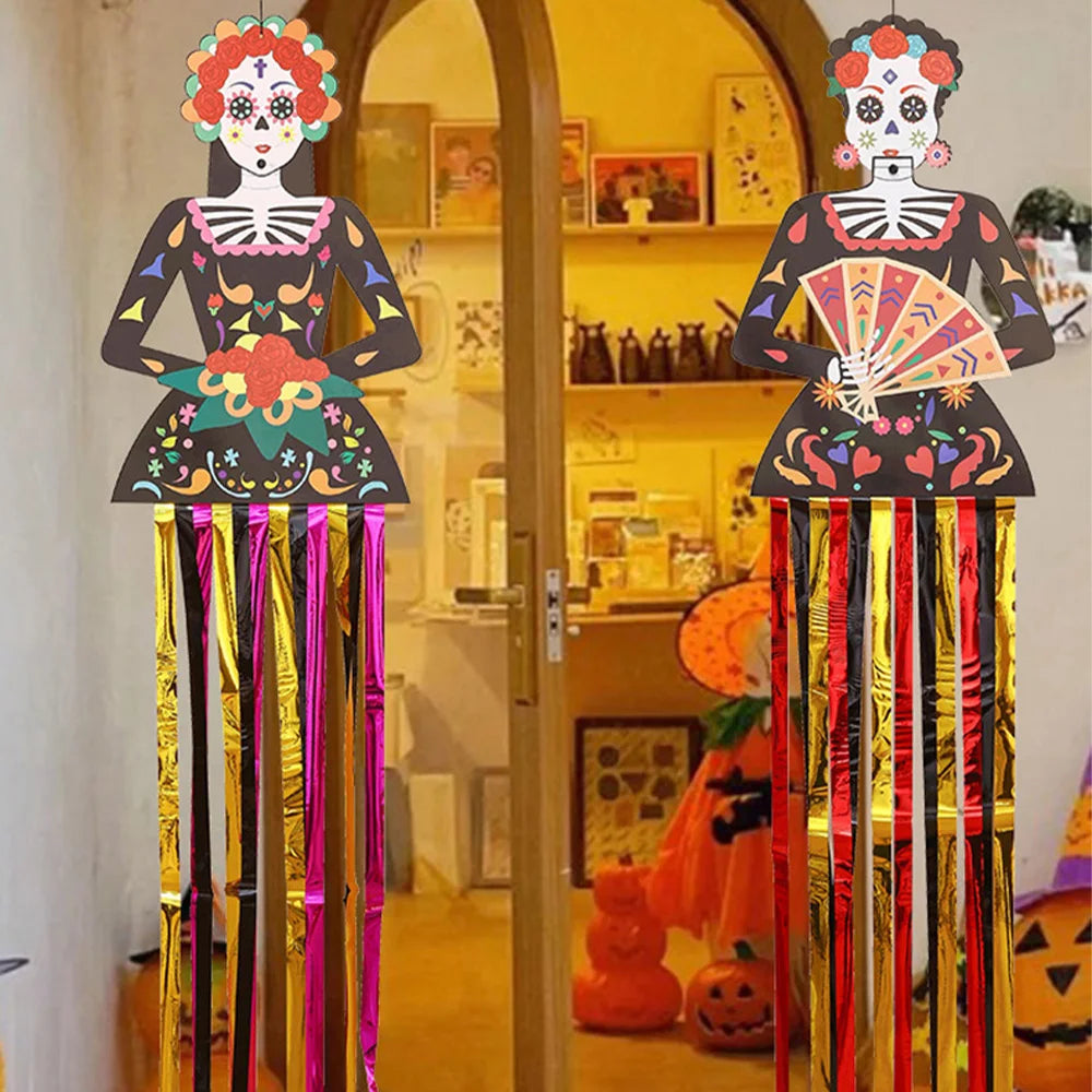 1.3m Mexico Day of the Dead Skeleton Ghost Bride Hanger Porch Sign Halloween Party Outdoor Decor Ghost Couple Door Hanging Flag