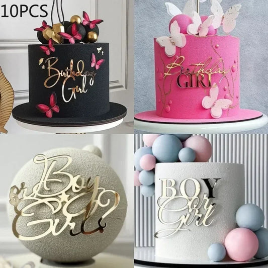 Unique Boy or Girl Side Cake Topper for Baby Shower with Gold Acrylic Decoration Baking Decorating Tools Party Supplies