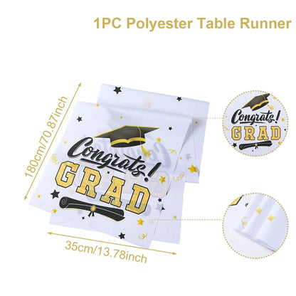 Graduation Table Runner Graduation Decorations 2025 Black Gold Polyester Graduation Table Cloth Prom Grad Party Table Decoration