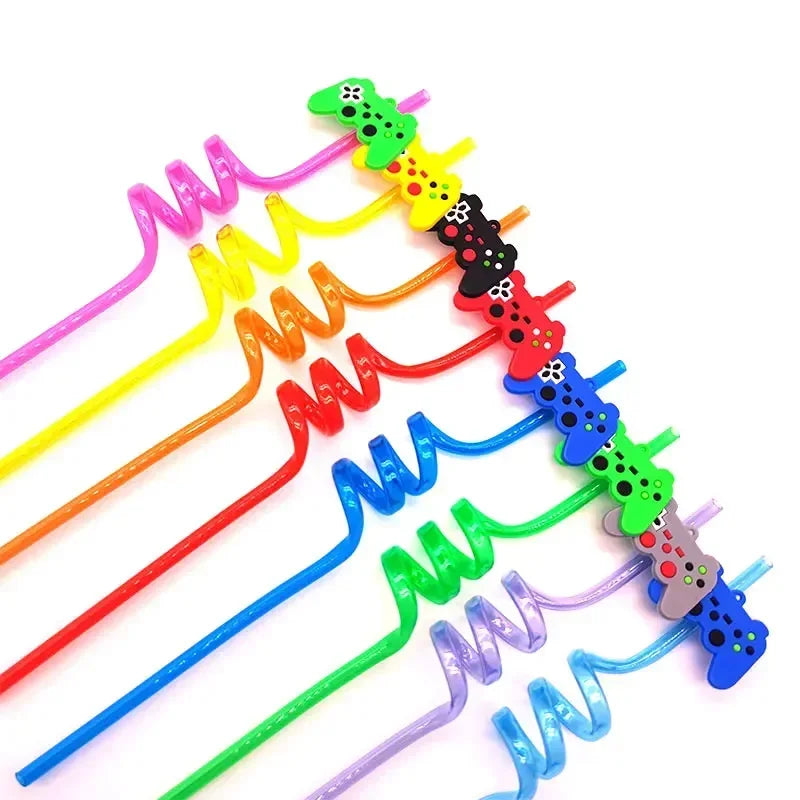 8pcs 26cm Reusable Game Controller Plastic Helical   Straws Gamepad Toys Straw Game Console Theme Kids Birthday Party Decor