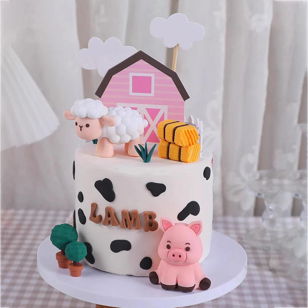Farm Animals Cake Topper Rustic Cake Decoration Lambs, Ponies, Piglets, Chick,  Haystacks for Kids Happy Birthday Party Supplies