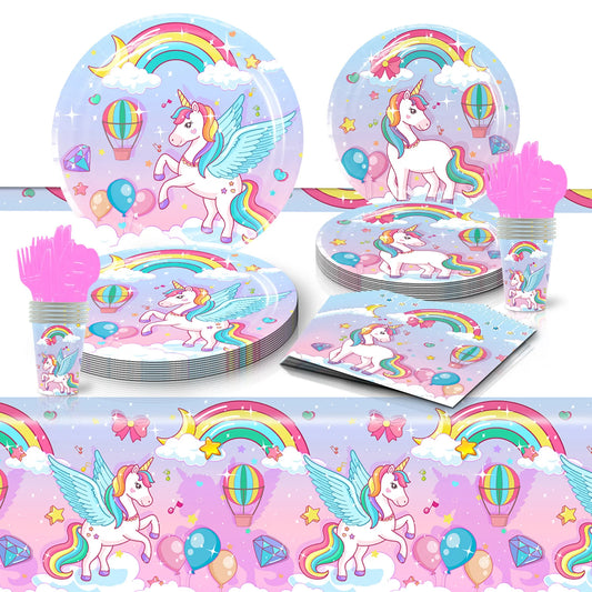 Rainbow Unicorn Theme Party Disposable Tableware Set For Girls' Birthday Party Unicorn Balloon Cupcake Decoration Supplies