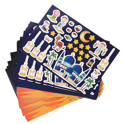 12pcs Eid Mubarak DIY Stickers Kids Gift Puzzle Game Toys Islam Muslim Party Supplies 2025 Ramadan Home Decoration Wall Sticker
