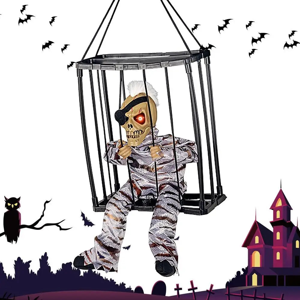 Halloween Decoration Prisoner Ghost In Cage Scary Skull Prop Electric Skeleton Toy Glowing Eye Sound Doll Hangable Talking Ghost