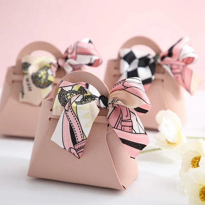 1PC Leather Gift Bags Bow Ribbon Packaging Bag Wedding Favour Distributions Bags Eid Mubarak Candy Packaging Box Mini Handbag
