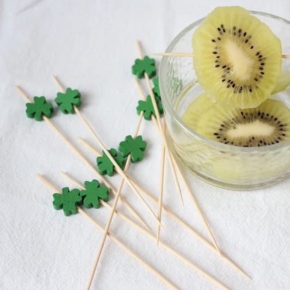 100Pcs Green Shamrock Cover Disposable Bamboo Food Picks St. Patrick's Day Theme Dessert Fruit Forks for Irish Saint Party Decor