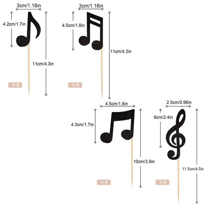 16PCS Music Notes Cupcake Toppers Black Glitter Musical Symbol Cupcake Picks for Rock Music Concert Theme Baby Shower Wedding B