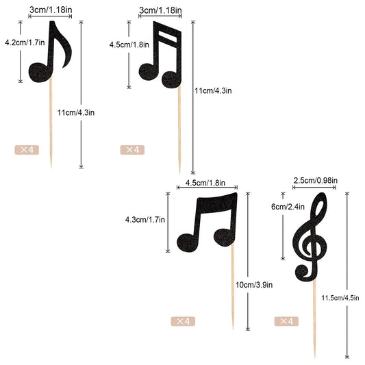 16PCS Music Notes Cupcake Toppers Black Glitter Musical Symbol Cupcake Picks for Rock Music Concert Theme Baby Shower Wedding B
