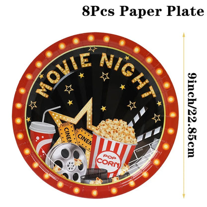 Movie Night Party Decoration Movie Party Disposable Plates Napkins Cups Tablecloth Happy Movie Night Theme Birthday Party Decor