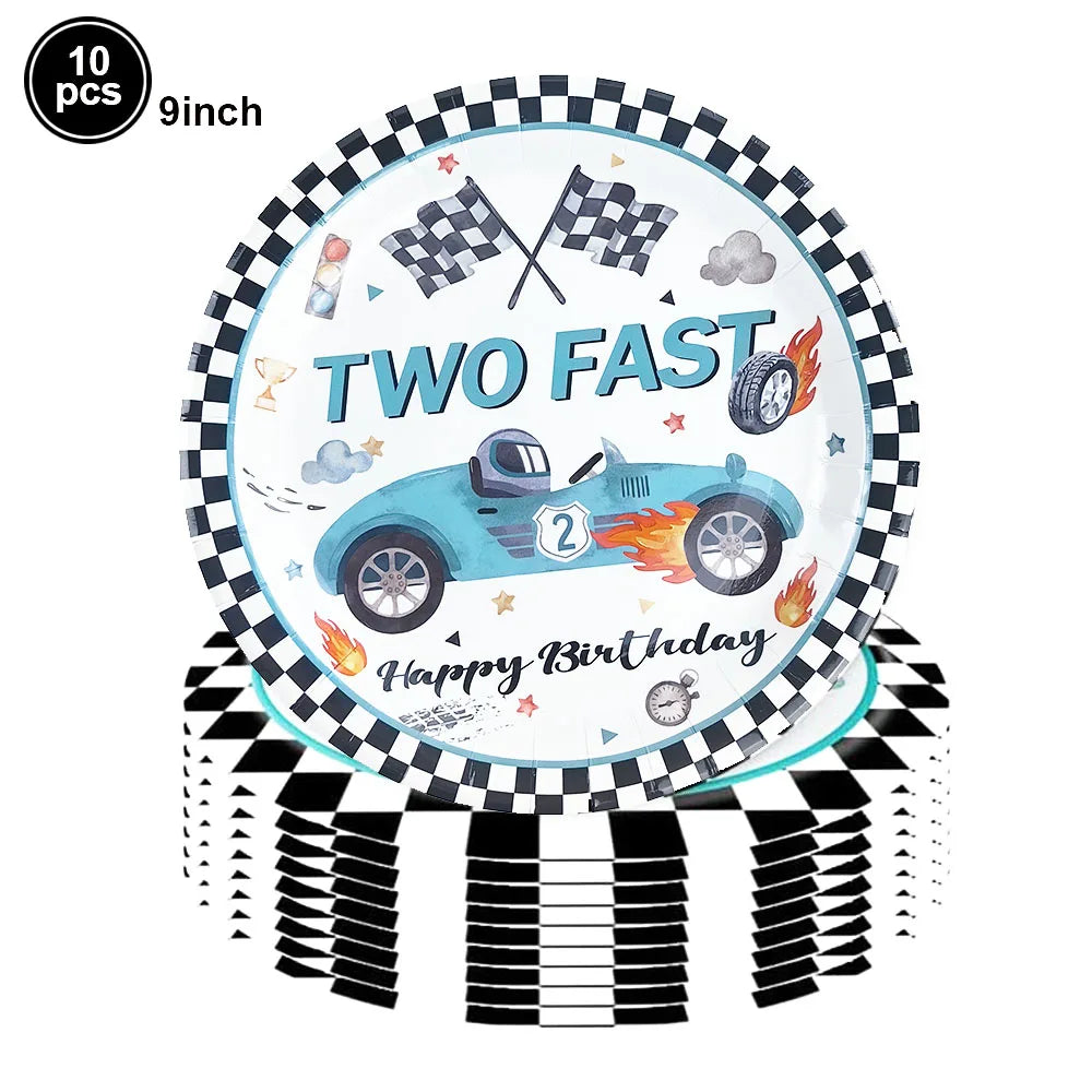 Race Car 2nd Birthday Decorations Tableware Paper Plates Cups Large Racing Car Balloons Kids Two Fast Birthday Party Supplies