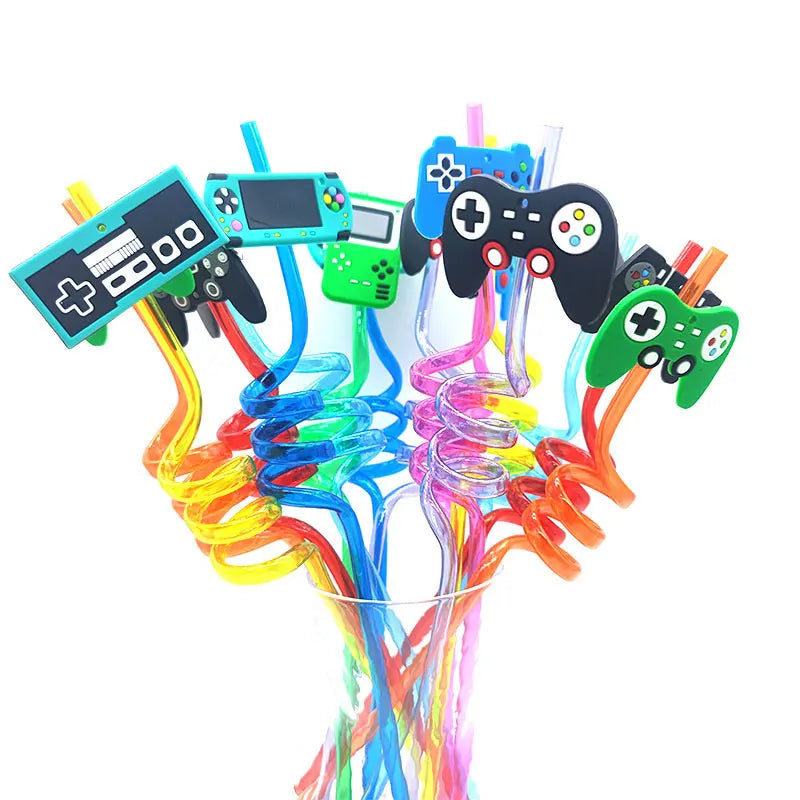 8pcs 26cm Reusable Game Controller Plastic Helical   Straws Gamepad Toys Straw Game Console Theme Kids Birthday Party Decor