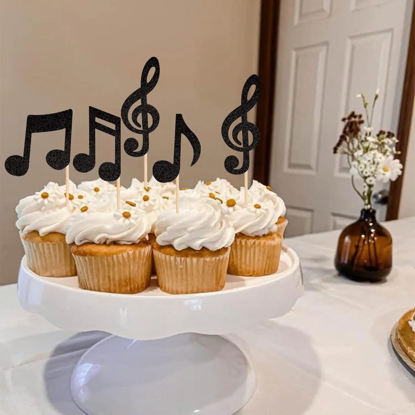 16PCS Music Notes Cupcake Toppers Black Glitter Musical Symbol Cupcake Picks for Rock Music Concert Theme Baby Shower Wedding B